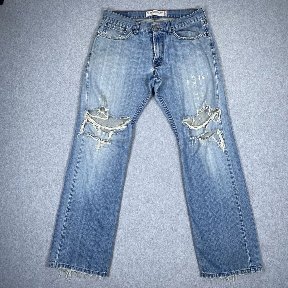 Vintage Levi's 514 Slim Straight Jeans Men 32x30 Blue Distressed Destroyed Denim